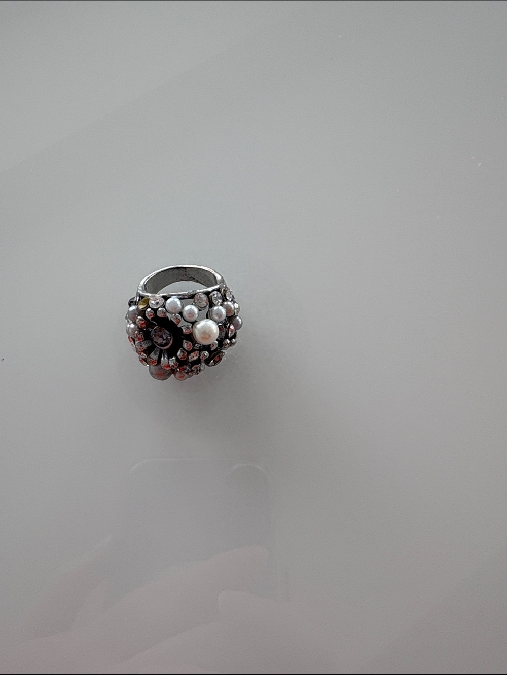 Silver Cluster Pearl & Rhinestone Statement Ring - Women Jewelry